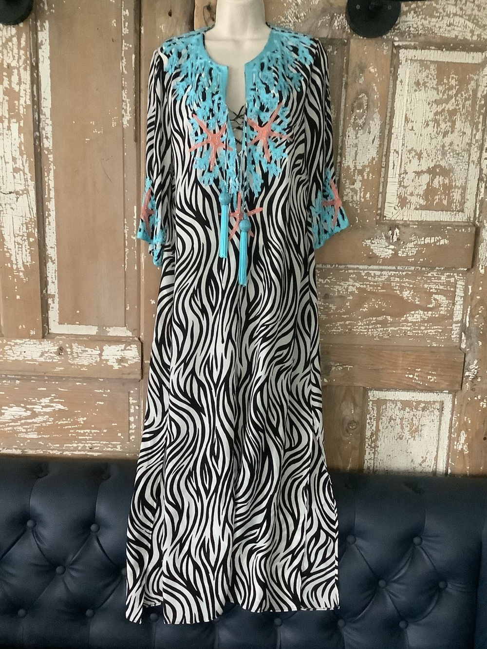 Tasha London Silk Maxi Dress Kaftan Medium Tassel Beaded Summer